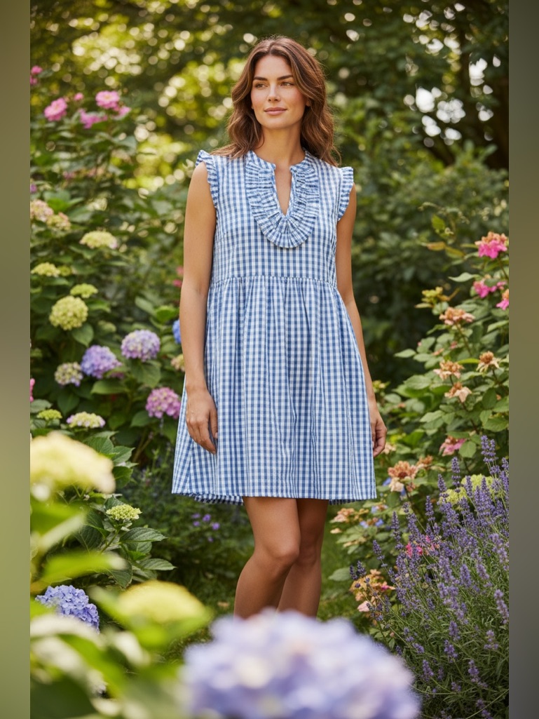 Anthropologie Sunday In Brooklyn Light Blue Gingham Ruffle Neck Dress